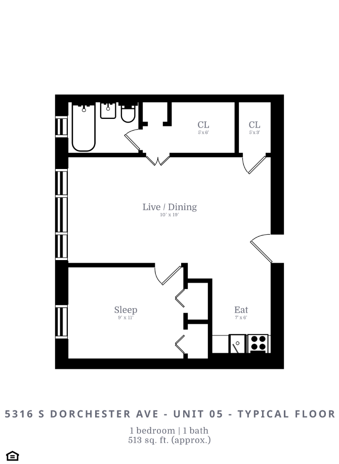 Floor plan for 1 bed, 1 bath, 513 sqft